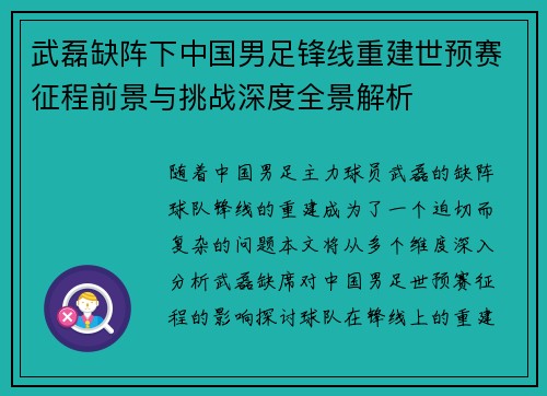 武磊缺阵下中国男足锋线重建世预赛征程前景与挑战深度全景解析